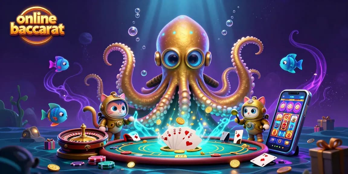 Spin the reels in online baccarat with a colorful gaming composition featuring a kraken and poker elements.