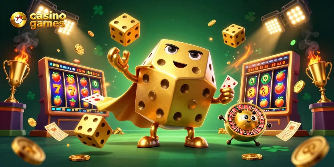 Experience thrilling casino games with a golden dice golem and exciting slot elements in a vibrant atmosphere.