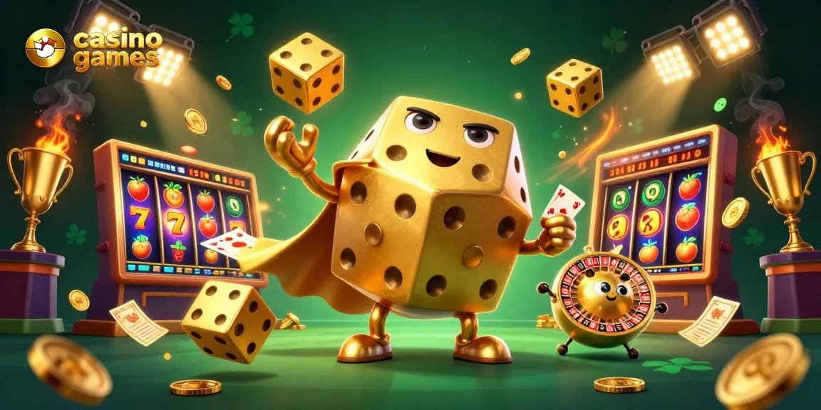 Experience thrilling casino games with a golden dice golem and exciting slot elements in a vibrant atmosphere.