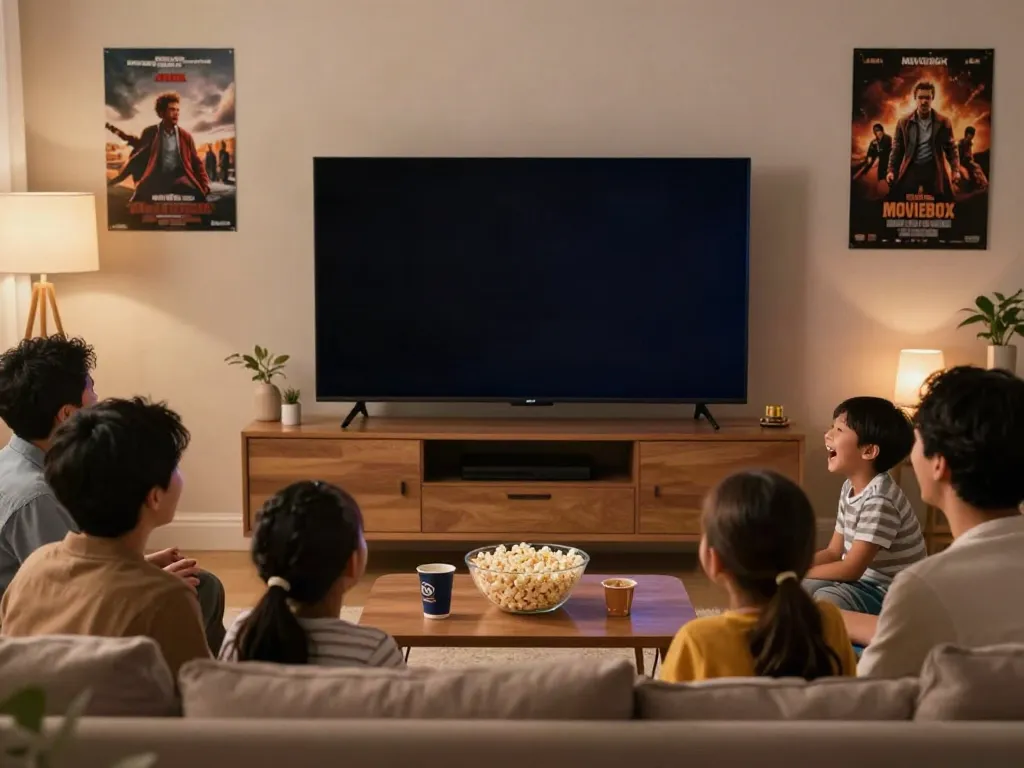 Family enjoying movies on MovieBox app in cozy living room.