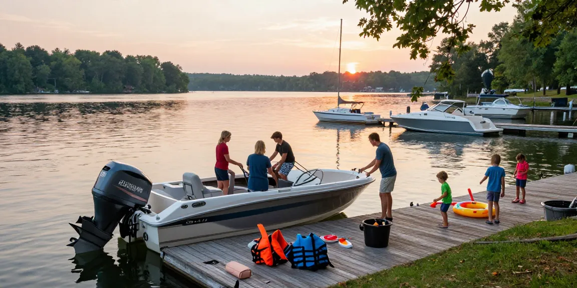 Family preparing their Yamaha outboard motorboat at scenic marina on Kawagama Lake.
