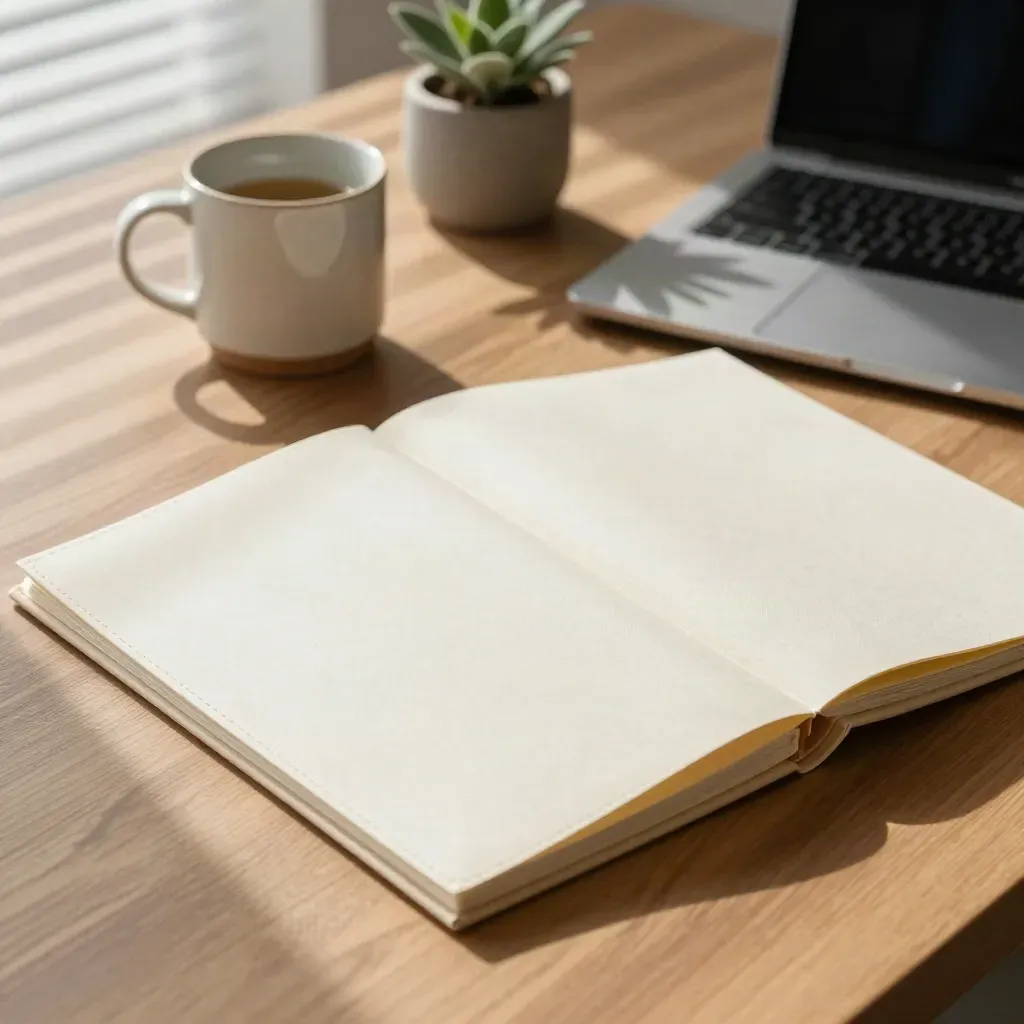 Sunlit consulting folders, mug, laptop and plant on a warm office table.