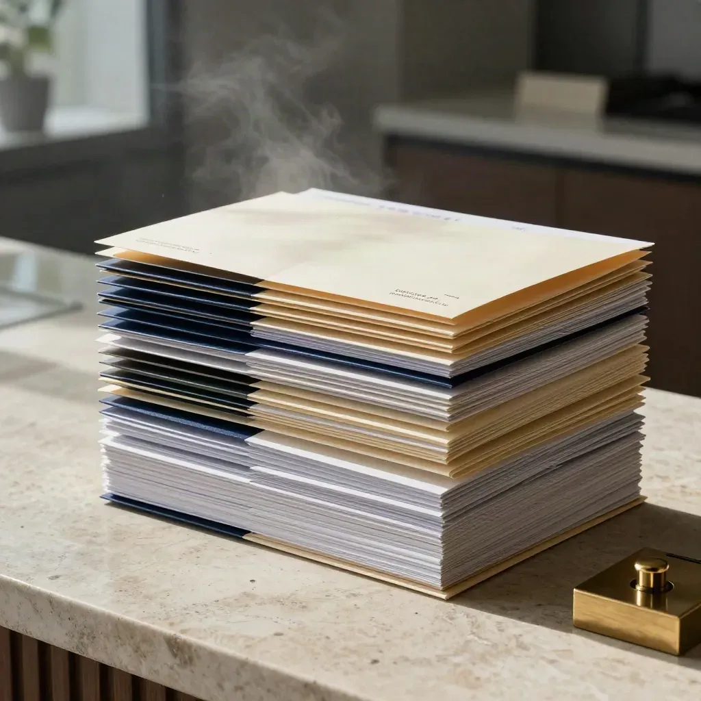Pricing folders, quote envelopes and brass paperweight on a stone table in cool morning mist.