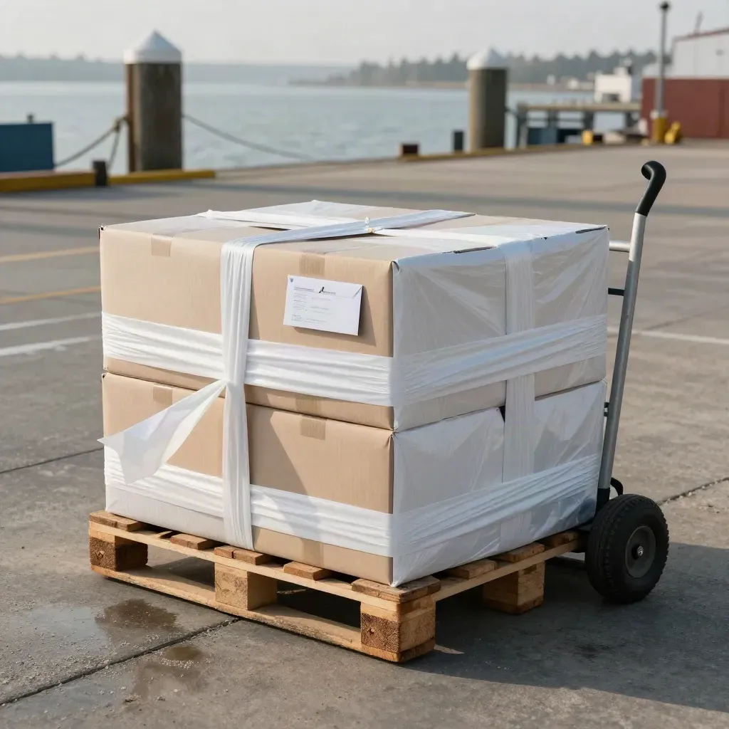 Wind snaps wrap on dockside vendor cartons beside a handcart on a wharf