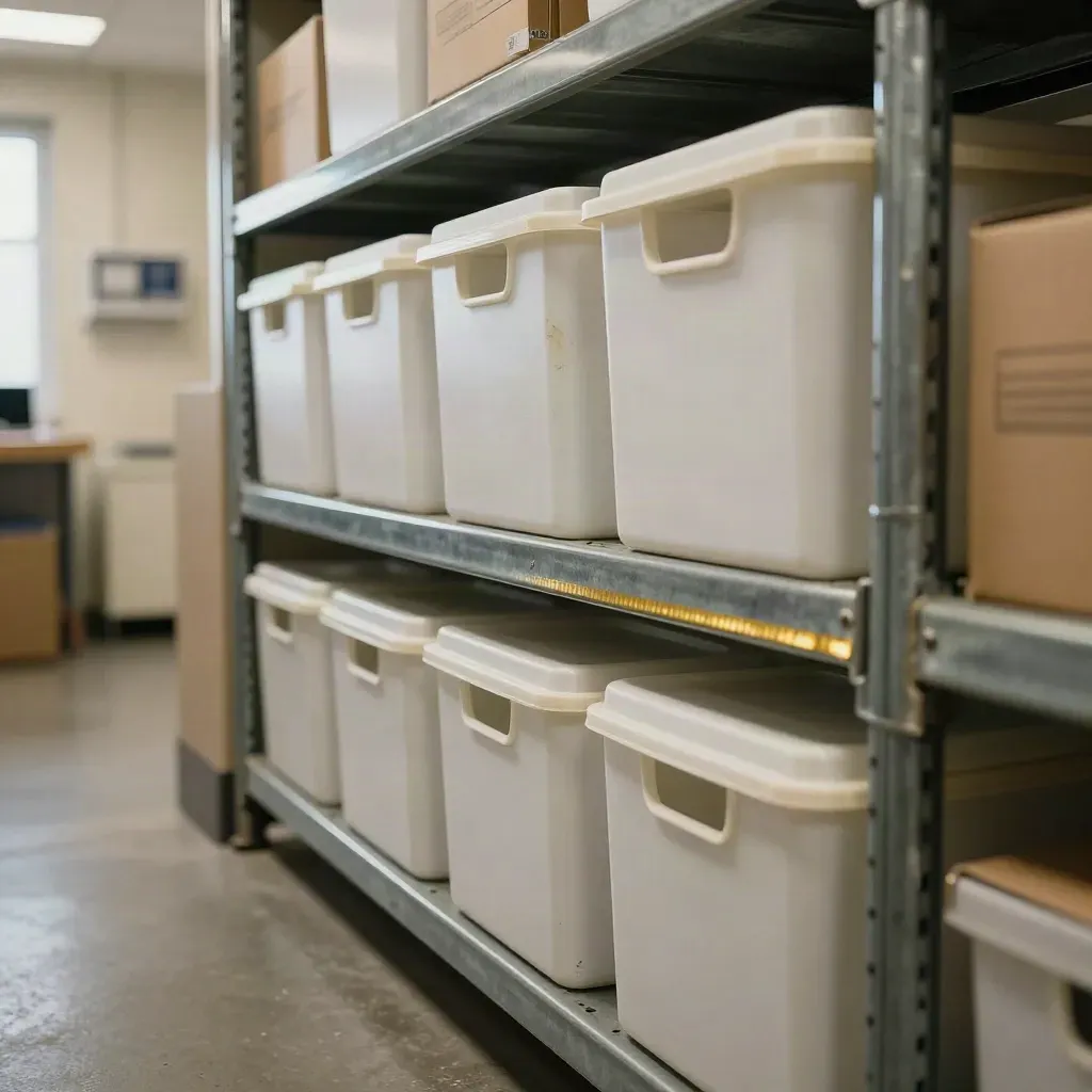 Storage shelf with duplicate supply bins and toner cartons beside one empty slot in soft office light.