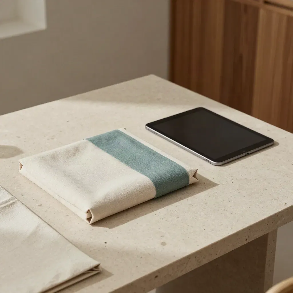 Prototype service kit, wrapped package, and dark tablet on a travertine studio table