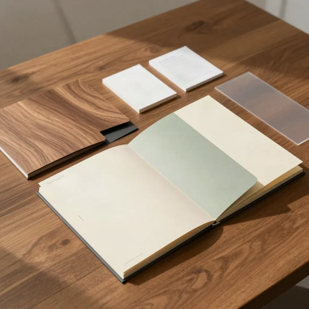 Top-down folders and note cards spread into clean service groups on a walnut table.