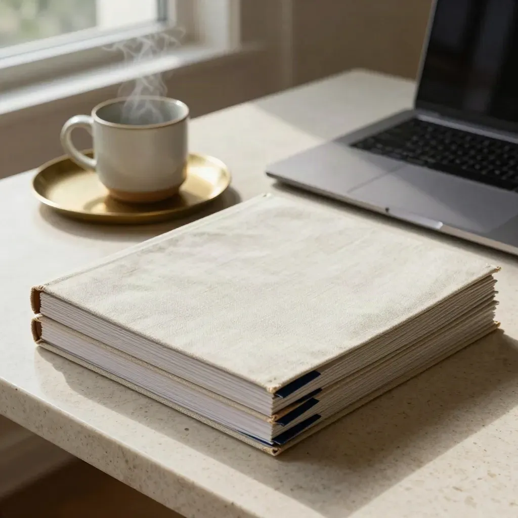 Proposal folders, closed laptop, and steaming mug on a travertine consulting table by a window.
