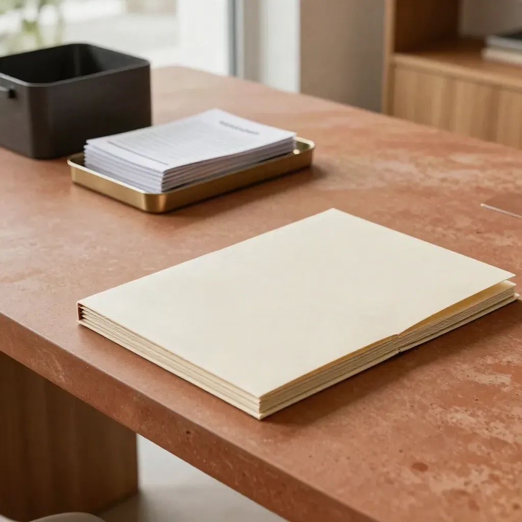 Low-angle consulting worktable with premium folders, metal tray, and dark bin in bright haze.