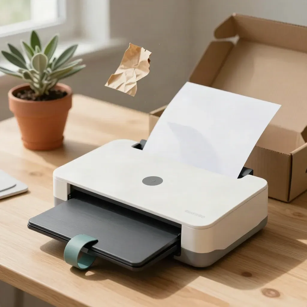 Open box with compact document scanner, packing paper, and a small potted plant by bright window light.