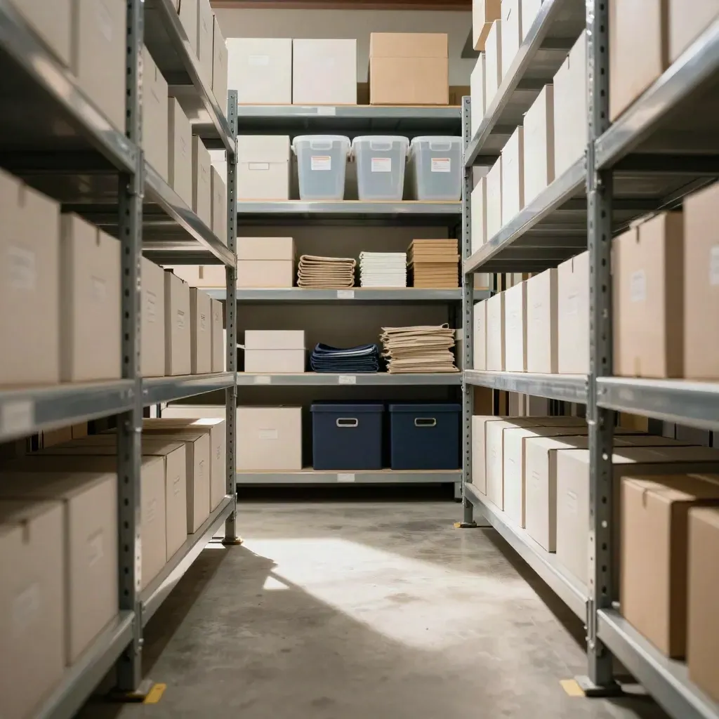 Floor-level aisle view of organized supply shelves with a clear workflow lane and closed navy bin.