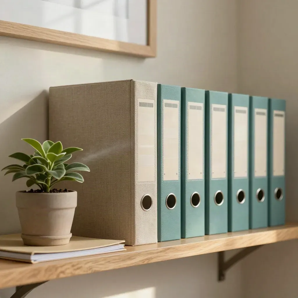 Wall of binders, face-down folder, and small plant in a cozy office alcove, eye-level.
