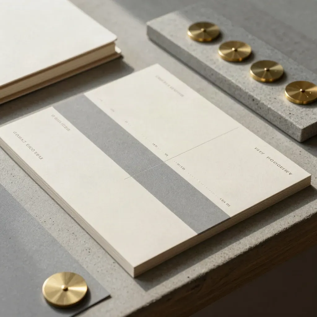 Macro of scorecard cards, brass tokens, and a closed notebook on concrete.