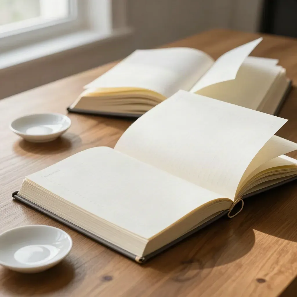 Fanned planning pages and a rolled strategy sheet on a long table in soft window light.