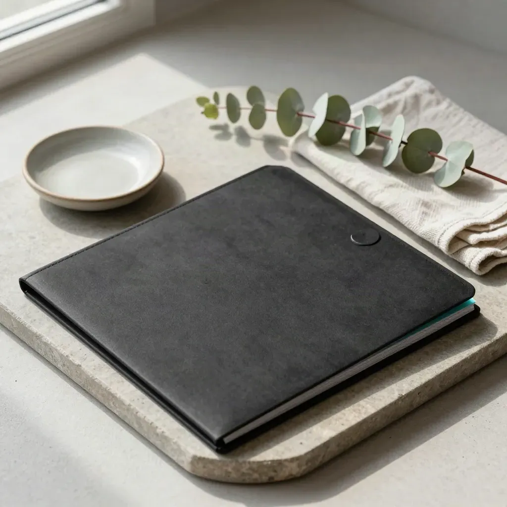 Open audit folder with eucalyptus and ceramic dish on a stone tray in soft daylight