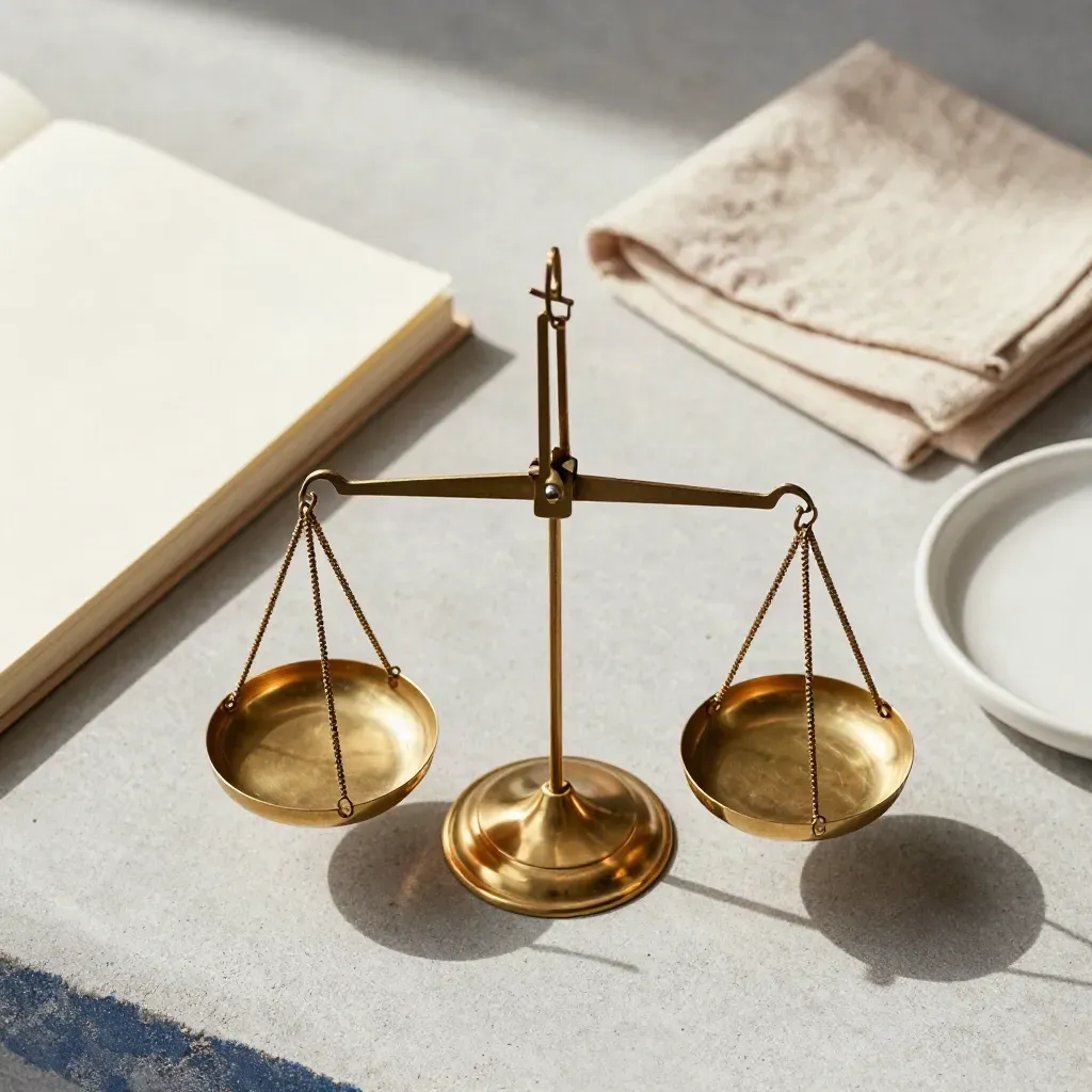 Brass balance scale, cream notebook, linen cloth and ceramic dish on pale concrete.