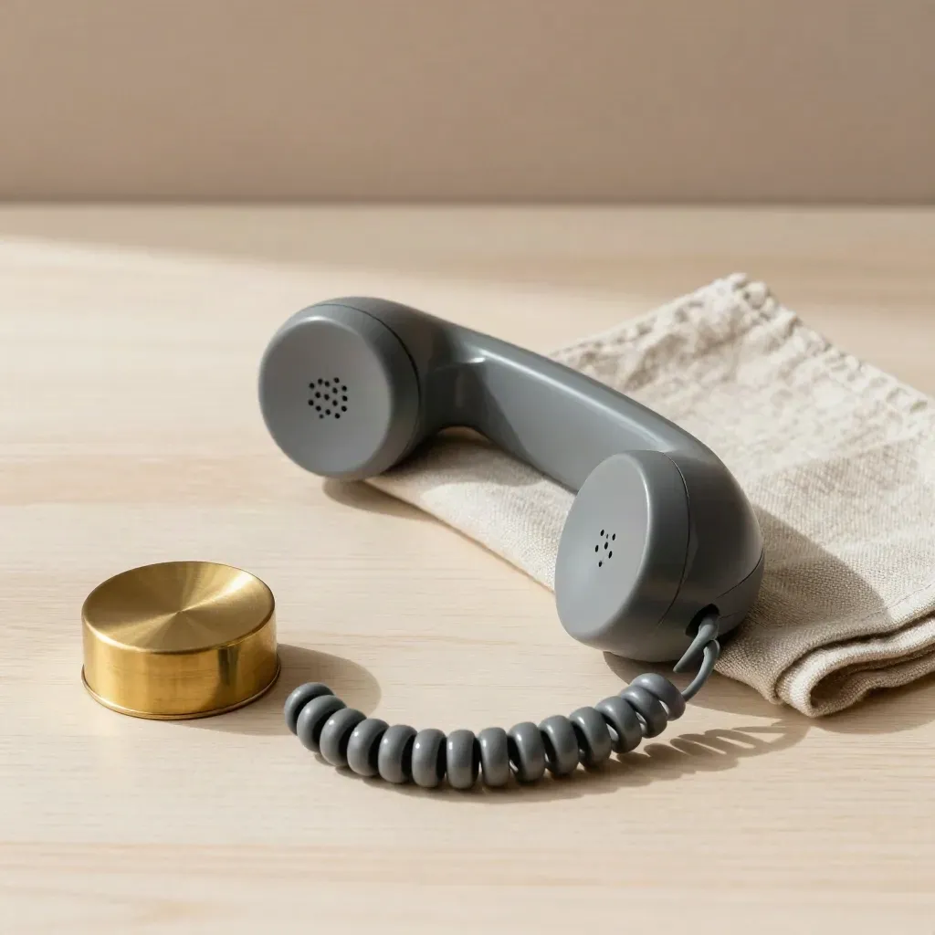 Desk phone handset with linen cloth and brass paperweight on pale wood
