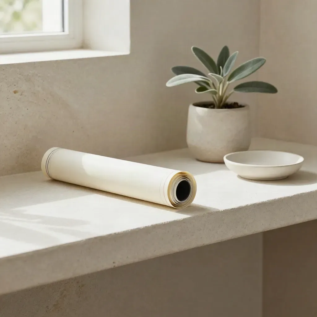 Cream blueprint tube, small potted plant, and ceramic dish on a pale shelf in soft daylight.