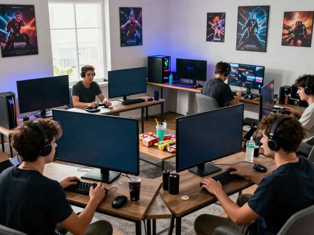 Friends playing rokok88 apk in a vibrant gaming room during a lively multiplayer session.