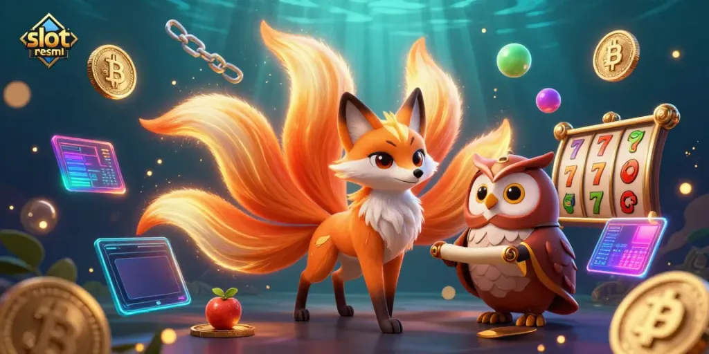 Engage with the vibrant world of slot resmi, featuring a colorful fox spirit and wise owl surrounded by dynamic gaming elements.