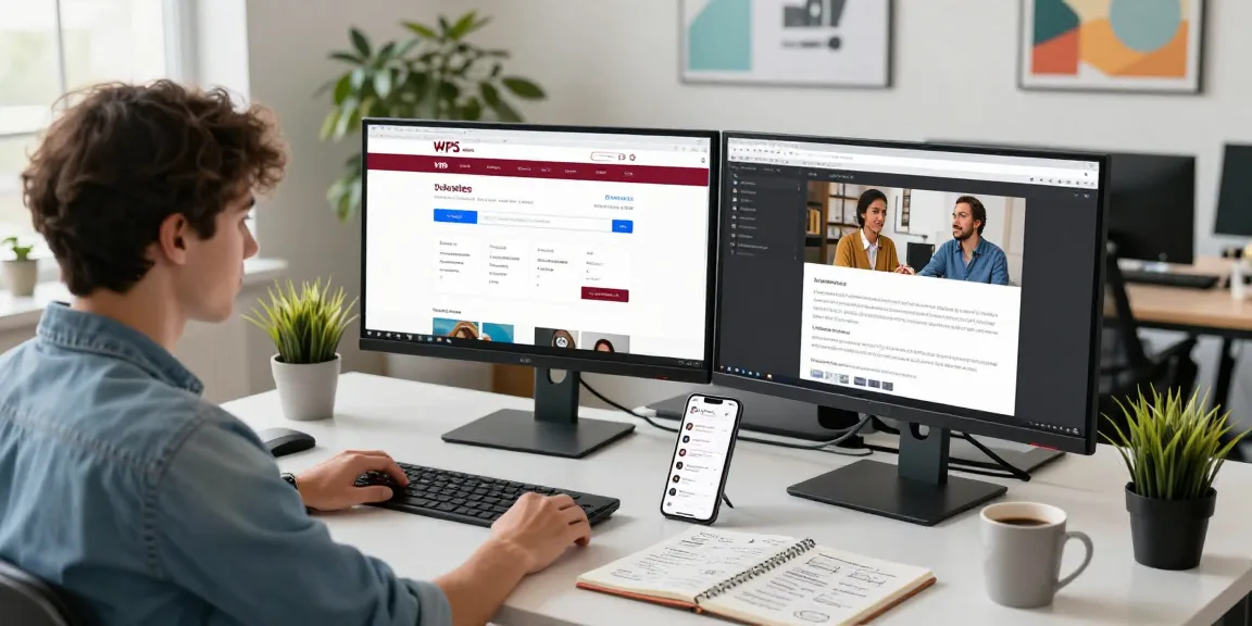 Collaborative workspace featuring WPS Official Website interface on screen, promoting productivity and teamwork.